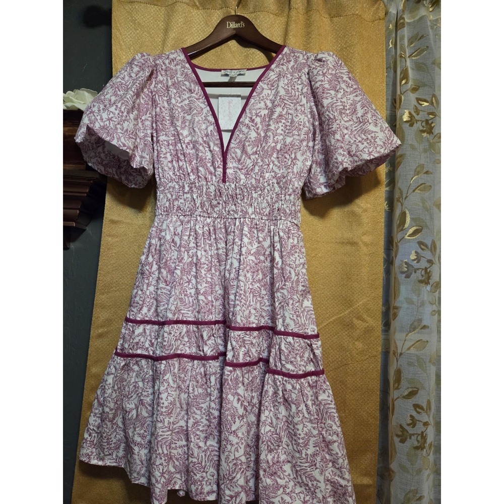 She + Sky pink/white floral smocked puff sleeve dress, Cottagecore, prairie